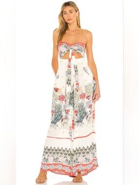 Free People Bali Birds of Paradise Boho Floral Wide Leg Jumpsuit Small LIKE NEW